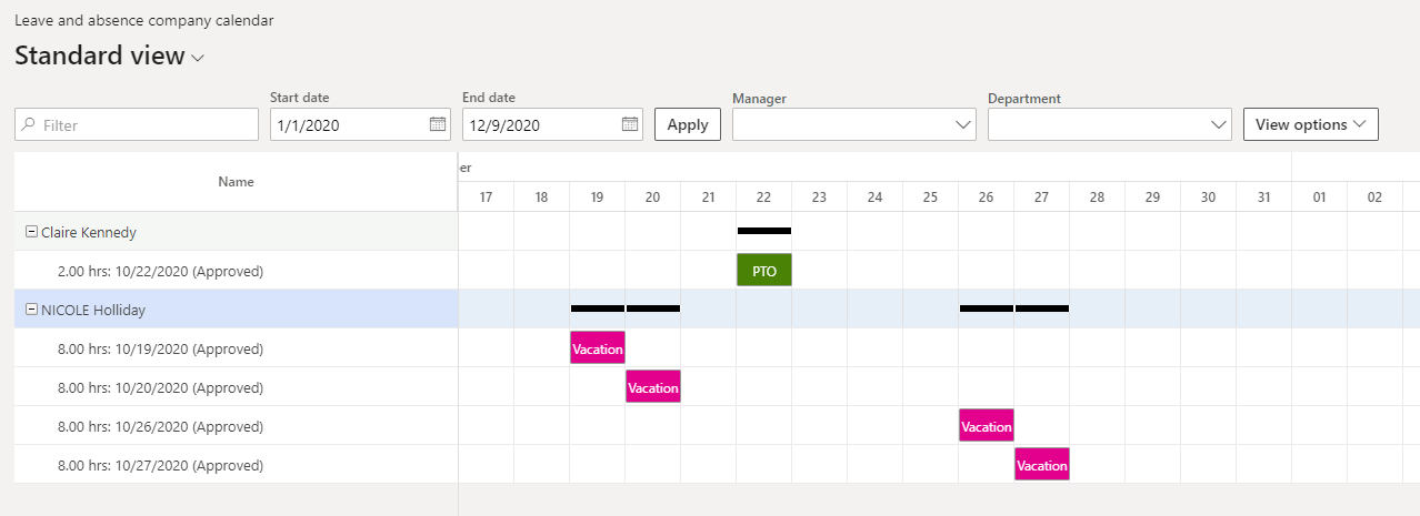 Calendar leave colors Leave and absence Dynamics 365 HR