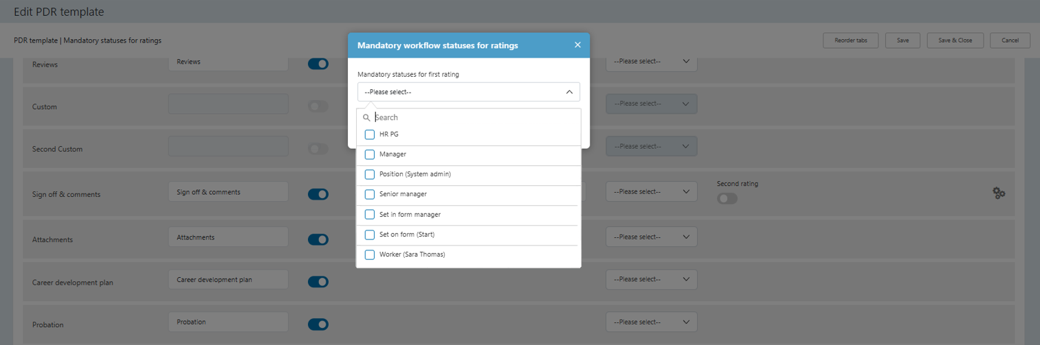 Mandatory Workflow Statuses for PDR Ratings Dialog Window